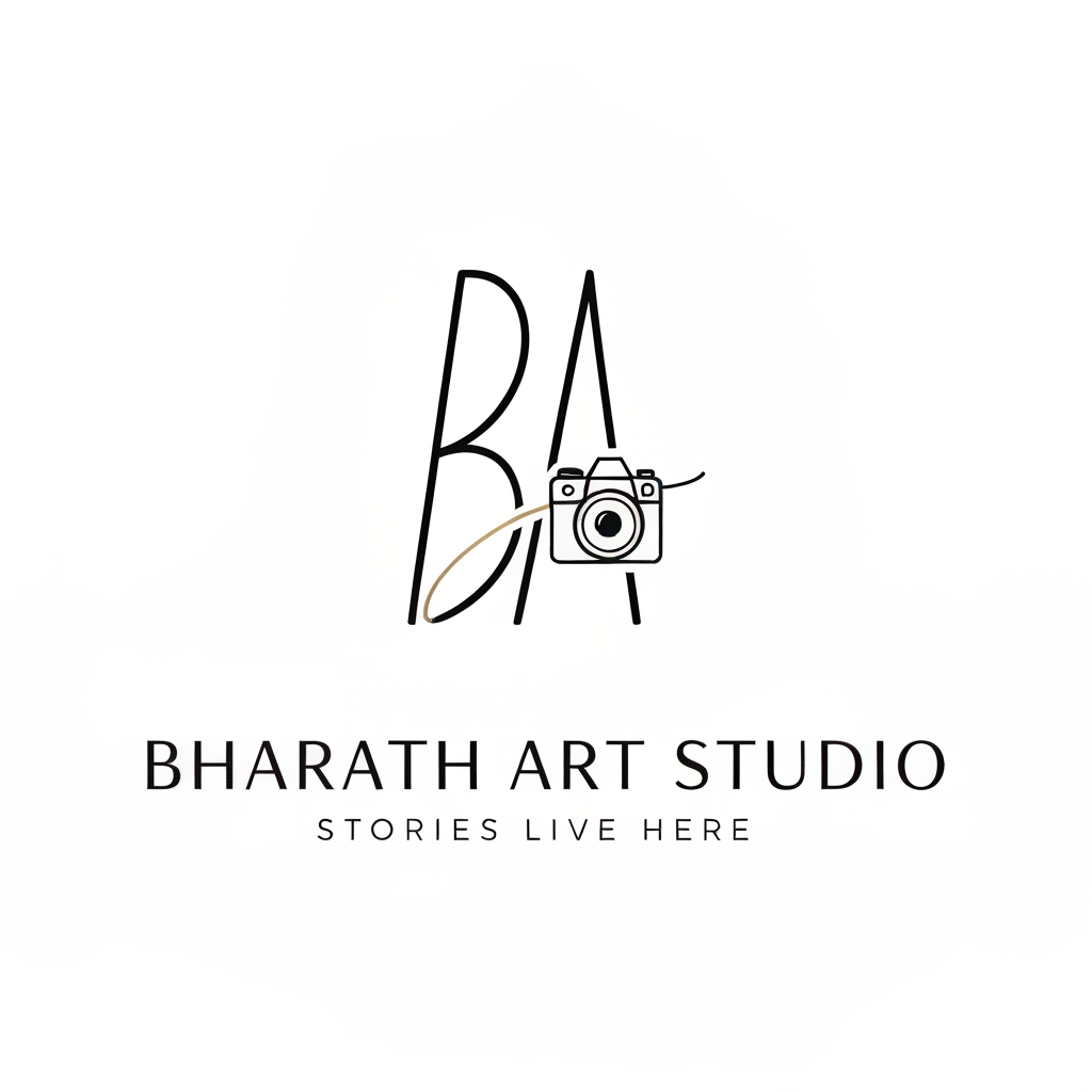AI Design for Create a world-class luxury signature logo for "BHARATH ART STUDIO". Design a unique elegant monogram symbol using the letters BAS with a premium handwritten signature style. The logo should have a similar luxury fashion brand feeling: minimal, clean, artistic and timeless.
Add a unique professional camera element integrated into the monogram, not a normal camera icon. The camera should feel like a part of the signature stroke, representing photography, vision and storytelling.
Use thin elegant calligraphy lines, smooth curves, premium serif + signature typography combination. Create a high-end creative studio identity like luxury photography brands.
Color style: pure black logo on white background, optional subtle metallic gold version.
Layout: monogram icon on top, below write "BHARATH ART STUDIO" in luxury spaced serif font, and tagline "STORIES LIVE HERE" in minimal letter spacing.
Style keywords: luxury, premium, editorial, cinematic, timeless, handcrafted, award-winning photography brand, vector logo, clean lines, professional branding.