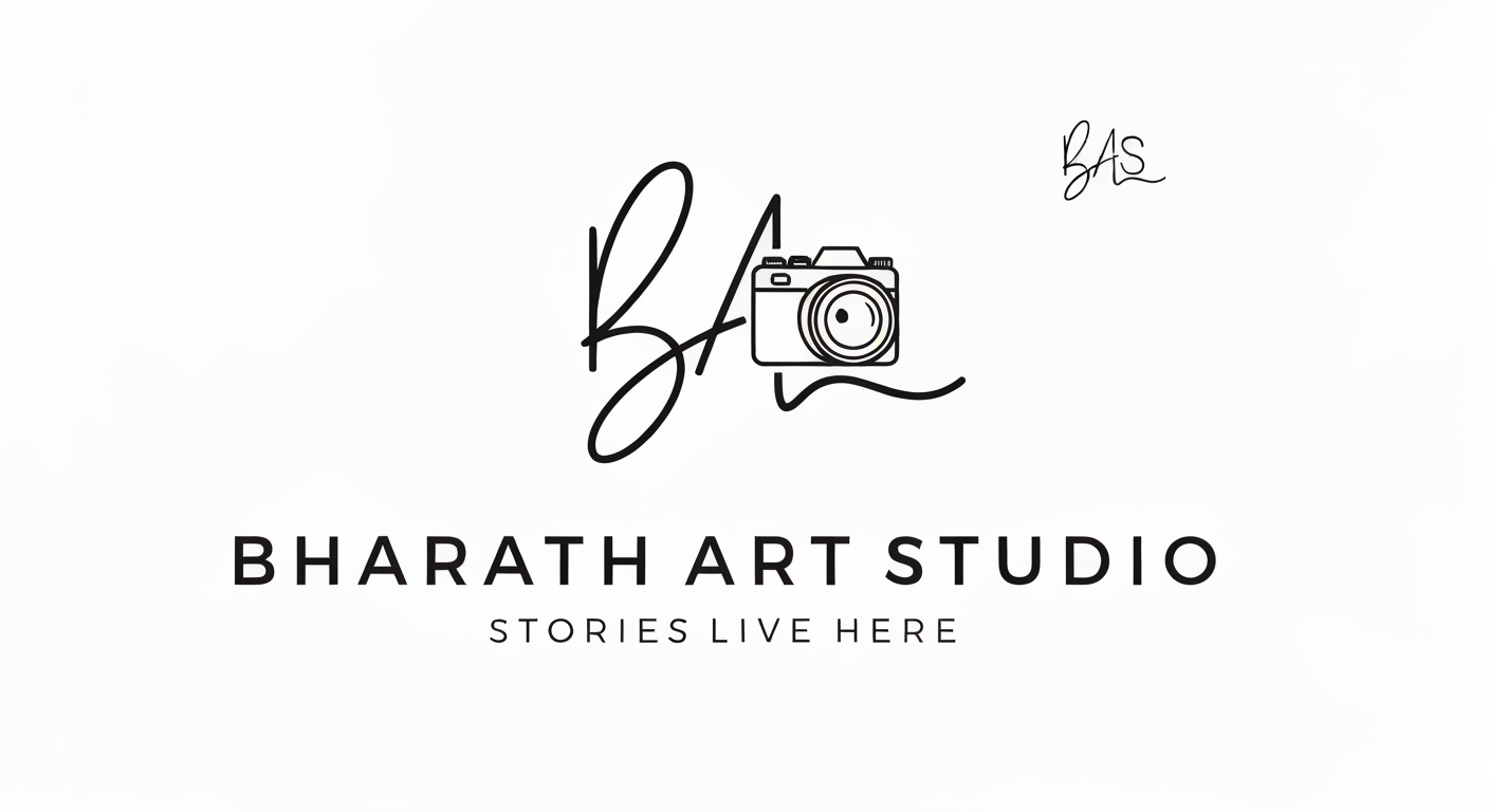 AI Design for Create a world-class luxury signature logo for "BHARATH ART STUDIO". Design a unique elegant monogram symbol using the letters BAS with a premium handwritten signature style. The logo should have a similar luxury fashion brand feeling: minimal, clean, artistic and timeless.
Add a unique professional camera element integrated into the monogram, not a normal camera icon. The camera should feel like a part of the signature stroke, representing photography, vision and storytelling.
Use thin elegant calligraphy lines, smooth curves, premium serif + signature typography combination. Create a high-end creative studio identity like luxury photography brands.
Color style: pure black logo on white background, optional subtle metallic gold version.
Layout: monogram icon on top, below write "BHARATH ART STUDIO" in luxury spaced serif font, and tagline "STORIES LIVE HERE" in minimal letter spacing.
Style keywords: luxury, premium, editorial, cinematic, timeless, handcrafted, award-winning photography brand, vector logo, clean lines, professional branding.