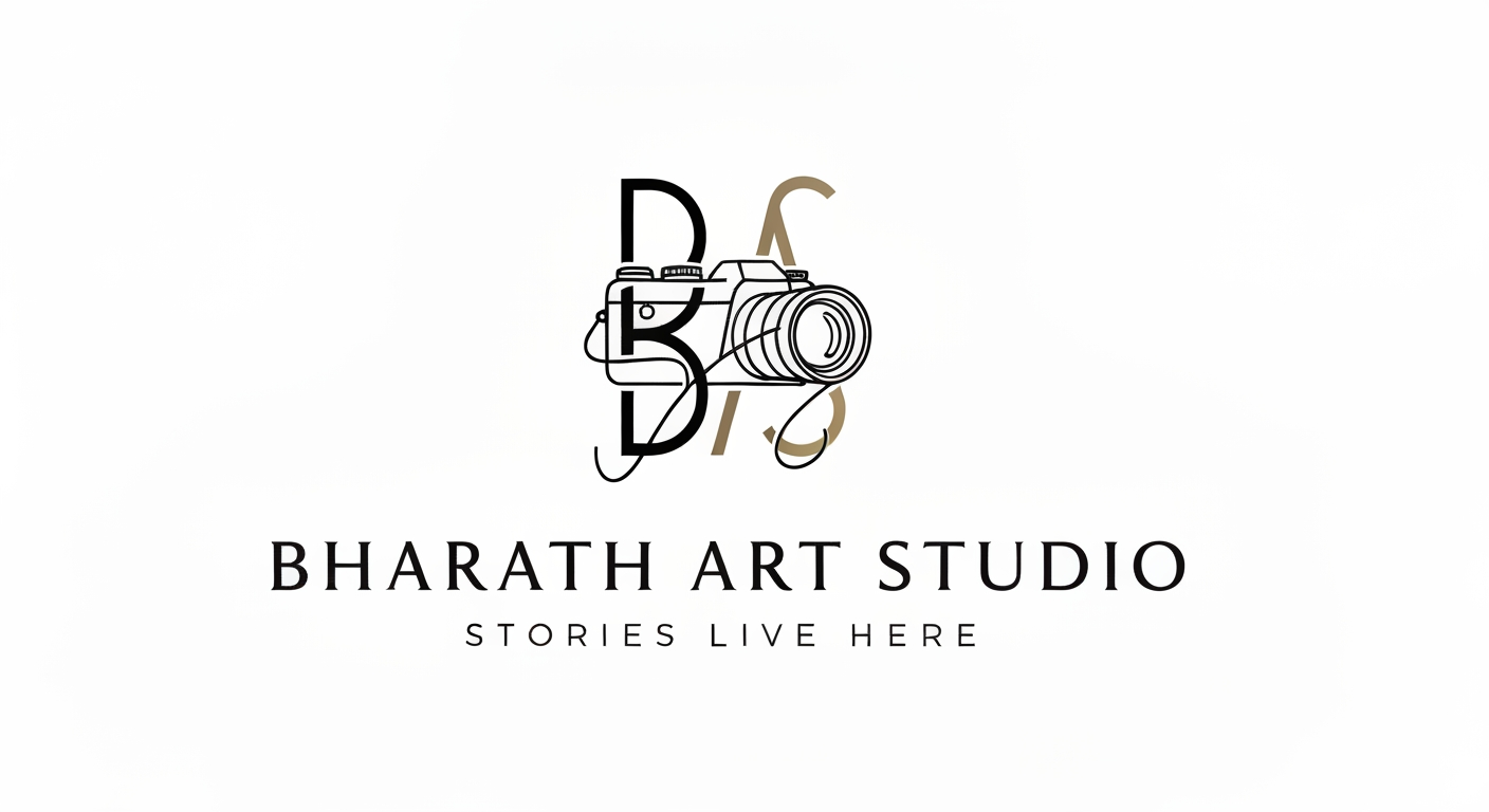 AI Design for Create a world-class luxury signature logo for "BHARATH ART STUDIO". Design a unique elegant monogram symbol using the letters BAS with a premium handwritten signature style. The logo should have a similar luxury fashion brand feeling: minimal, clean, artistic and timeless.
Add a unique professional camera element integrated into the monogram, not a normal camera icon. The camera should feel like a part of the signature stroke, representing photography, vision and storytelling.
Use thin elegant calligraphy lines, smooth curves, premium serif + signature typography combination. Create a high-end creative studio identity like luxury photography brands.
Color style: pure black logo on white background, optional subtle metallic gold version.
Layout: monogram icon on top, below write "BHARATH ART STUDIO" in luxury spaced serif font, and tagline "STORIES LIVE HERE" in minimal letter spacing.
Style keywords: luxury, premium, editorial, cinematic, timeless, handcrafted, award-winning photography brand, vector logo, clean lines, professional branding.