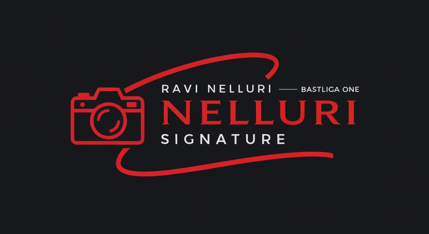 AI Design for TEXT " RAVI NELLURI SIGNATURE  "  SIGNATURE LOGO all your  creativityCamera icon must camara red I like the red color stoke use font family bastliga one create a logo image using font signature font family ka name bhi batana hai um