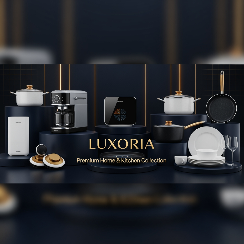 AI Design for Ultra luxury ecommerce banner for LUXORIA, premium home and kitchen collection, elegant modern kitchen appliances, luxury cookware, premium dinnerware, smart home accessories, dark black and navy gradient background with gold accents, center luxury logo "LUXORIA", cinematic lighting, ultra realistic product presentation, premium reflections, high-end brand style, Apple quality marketing banner, mobile responsive composition, Shopify Kalles Pro theme banner, 1920x800 sat text be lak kar dana best found size ma