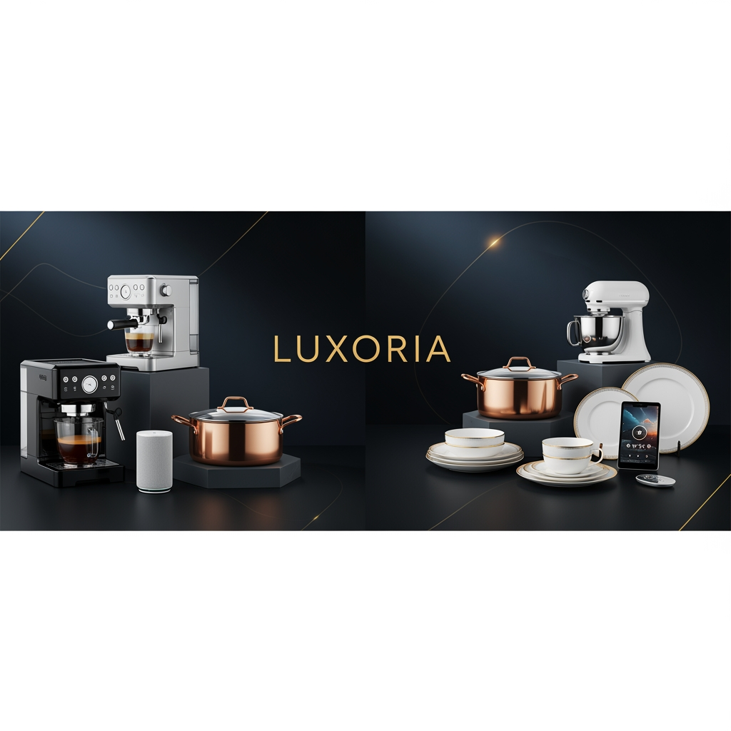 AI Design for Ultra luxury ecommerce banner for LUXORIA, premium home and kitchen collection, elegant modern kitchen appliances, luxury cookware, premium dinnerware, smart home accessories, dark black and navy gradient background with gold accents, center luxury logo "LUXORIA", cinematic lighting, ultra realistic product presentation, premium reflections, high-end brand style, Apple quality marketing banner, mobile responsive composition, Shopify Kalles Pro theme banner, 1920x800 sat text be lak kar dana best found size ma
