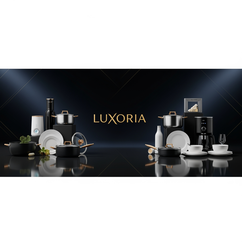 AI Design for Ultra luxury ecommerce banner for LUXORIA, premium home and kitchen collection, elegant modern kitchen appliances, luxury cookware, premium dinnerware, smart home accessories, dark black and navy gradient background with gold accents, center luxury logo "LUXORIA", cinematic lighting, ultra realistic product presentation, premium reflections, high-end brand style, Apple quality marketing banner, mobile responsive composition, Shopify Kalles Pro theme banner, 1920x800