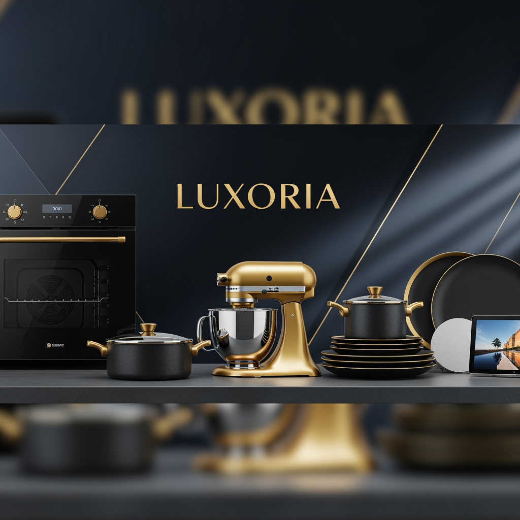 AI Design for Ultra luxury ecommerce banner for LUXORIA, premium home and kitchen collection, elegant modern kitchen appliances, luxury cookware, premium dinnerware, smart home accessories, dark black and navy gradient background with gold accents, center luxury logo "LUXORIA", cinematic lighting, ultra realistic product presentation, premium reflections, high-end brand style, Apple quality marketing banner, mobile responsive composition, Shopify Kalles Pro theme banner, 1920x800 sat text be lak kar dana best found size ma