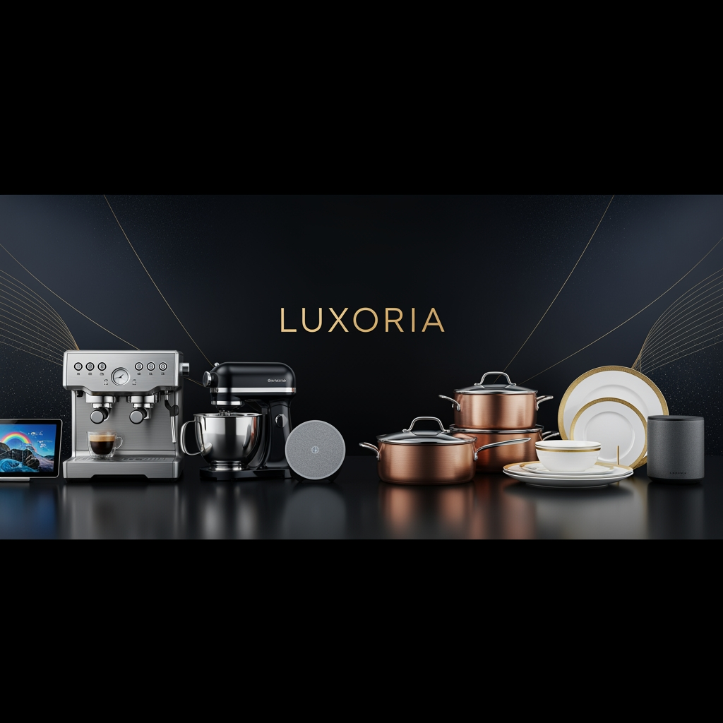 AI Design for Ultra luxury ecommerce banner for LUXORIA, premium home and kitchen collection, elegant modern kitchen appliances, luxury cookware, premium dinnerware, smart home accessories, dark black and navy gradient background with gold accents, center luxury logo "LUXORIA", cinematic lighting, ultra realistic product presentation, premium reflections, high-end brand style, Apple quality marketing banner, mobile responsive composition, Shopify Kalles Pro theme banner, 1920x800 sat text be lak kar dana best found size ma