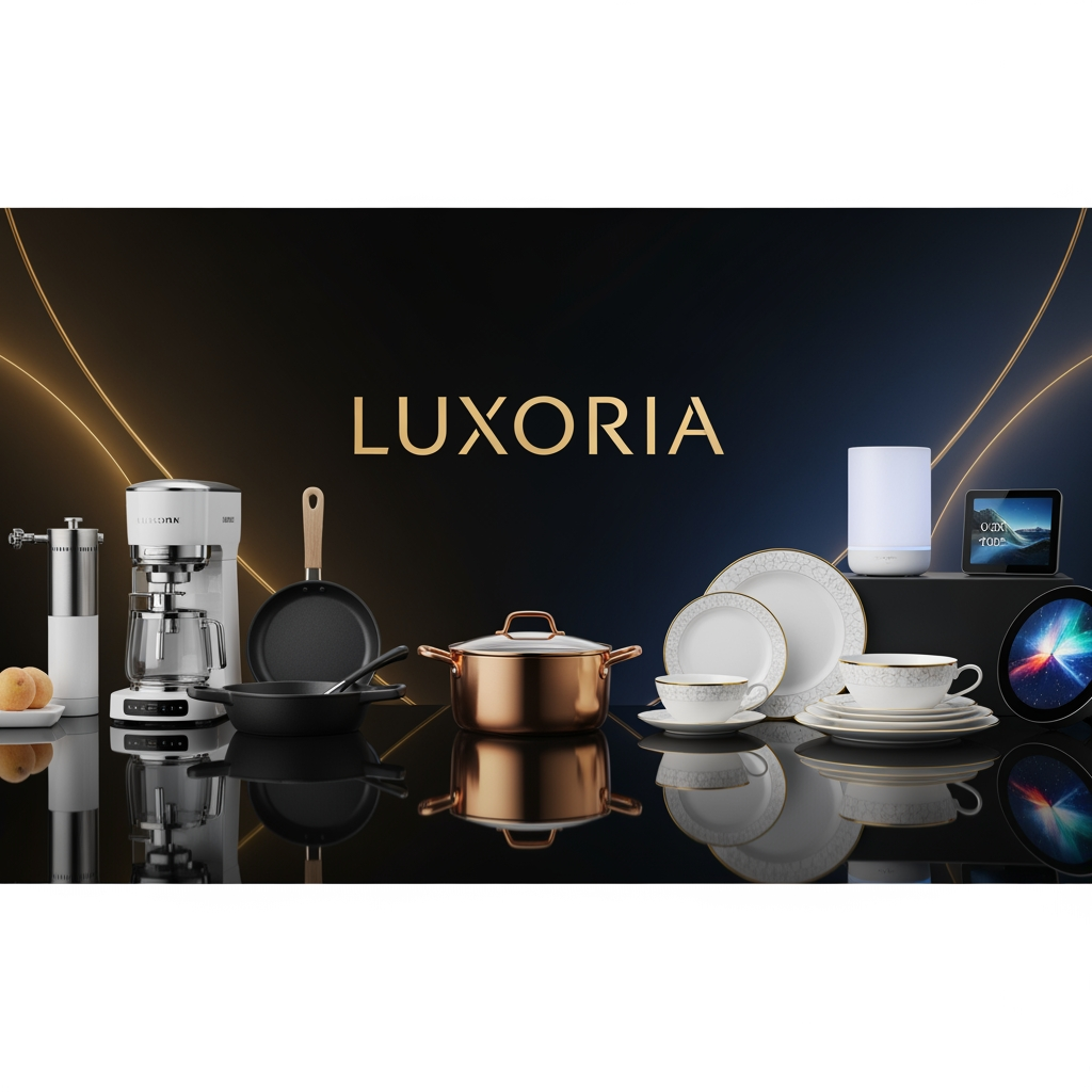 AI Design for Ultra luxury ecommerce banner for LUXORIA, premium home and kitchen collection, elegant modern kitchen appliances, luxury cookware, premium dinnerware, smart home accessories, dark black and navy gradient background with gold accents, center luxury logo "LUXORIA", cinematic lighting, ultra realistic product presentation, premium reflections, high-end brand style, Apple quality marketing banner, mobile responsive composition, Shopify Kalles Pro theme banner, 1920x800