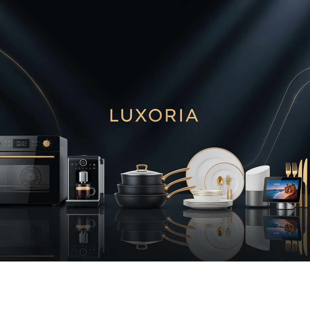 AI Design for Ultra luxury ecommerce banner for LUXORIA, premium home and kitchen collection, elegant modern kitchen appliances, luxury cookware, premium dinnerware, smart home accessories, dark black and navy gradient background with gold accents, center luxury logo "LUXORIA", cinematic lighting, ultra realistic product presentation, premium reflections, high-end brand style, Apple quality marketing banner, mobile responsive composition, Shopify Kalles Pro theme banner, 1920x800