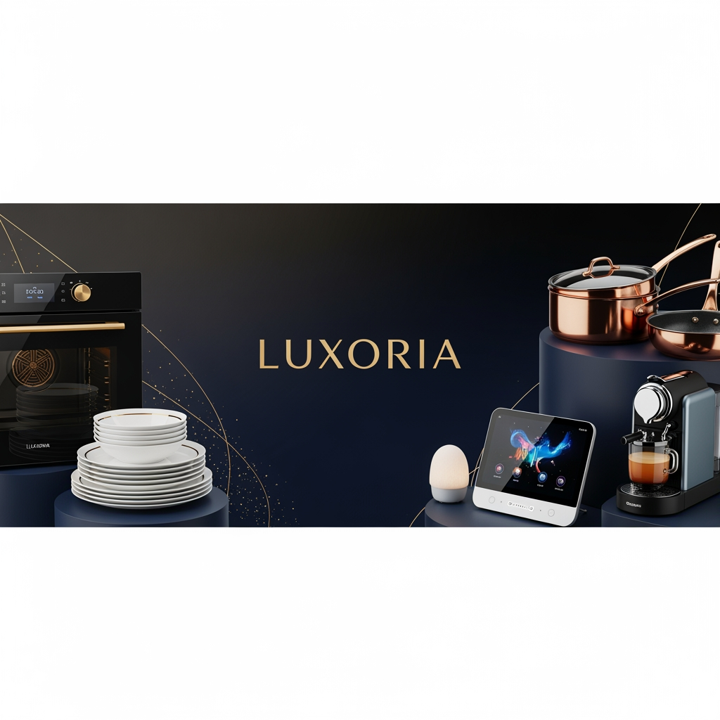 AI Design for Ultra luxury ecommerce banner for LUXORIA, premium home and kitchen collection, elegant modern kitchen appliances, luxury cookware, premium dinnerware, smart home accessories, dark black and navy gradient background with gold accents, center luxury logo "LUXORIA", cinematic lighting, ultra realistic product presentation, premium reflections, high-end brand style, Apple quality marketing banner, mobile responsive composition, Shopify Kalles Pro theme banner, 1920x800 sat text be lak kar dana best found size ma