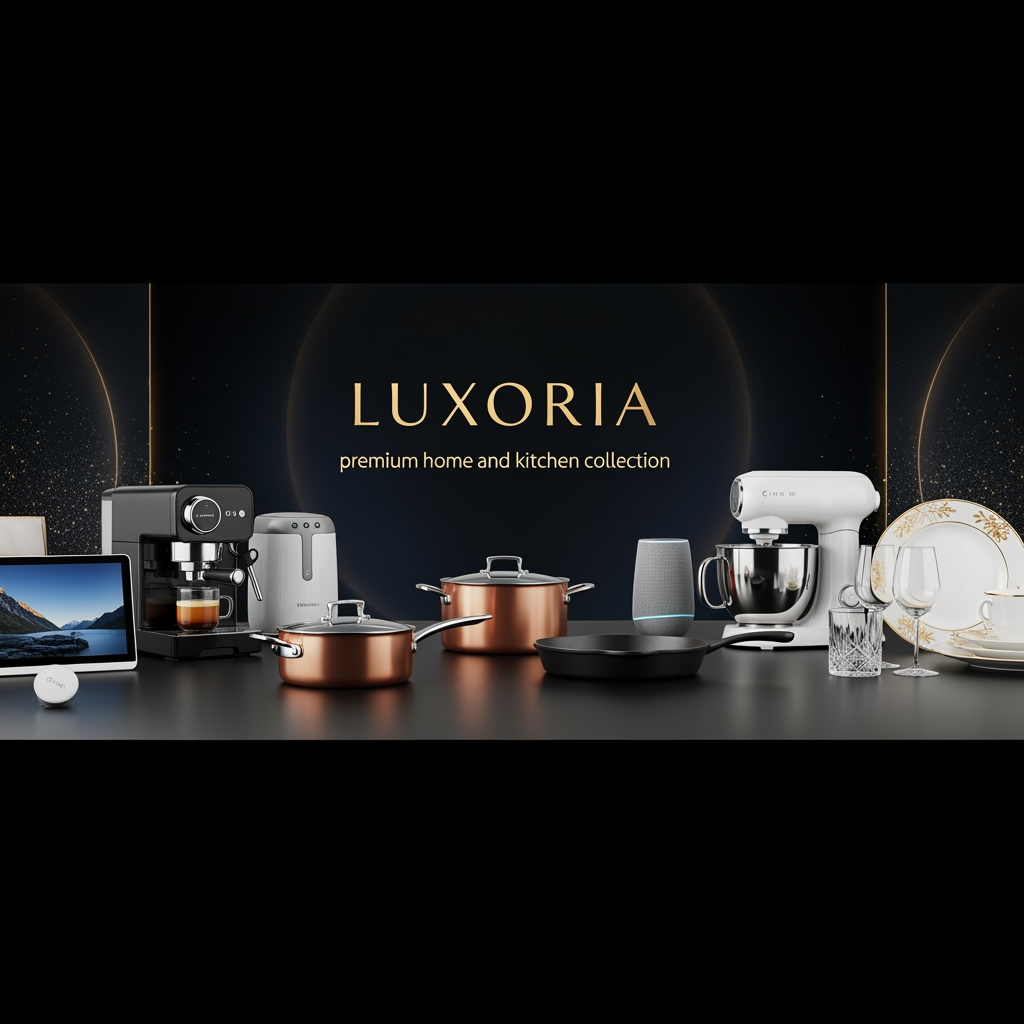 AI Design for Ultra luxury ecommerce banner for LUXORIA, premium home and kitchen collection, elegant modern kitchen appliances, luxury cookware, premium dinnerware, smart home accessories, dark black and navy gradient background with gold accents, center luxury logo "LUXORIA", cinematic lighting, ultra realistic product presentation, premium reflections, high-end brand style, Apple quality marketing banner, mobile responsive composition, Shopify Kalles Pro theme banner, 1920x800 sat text be lak kar dana best found size ma
