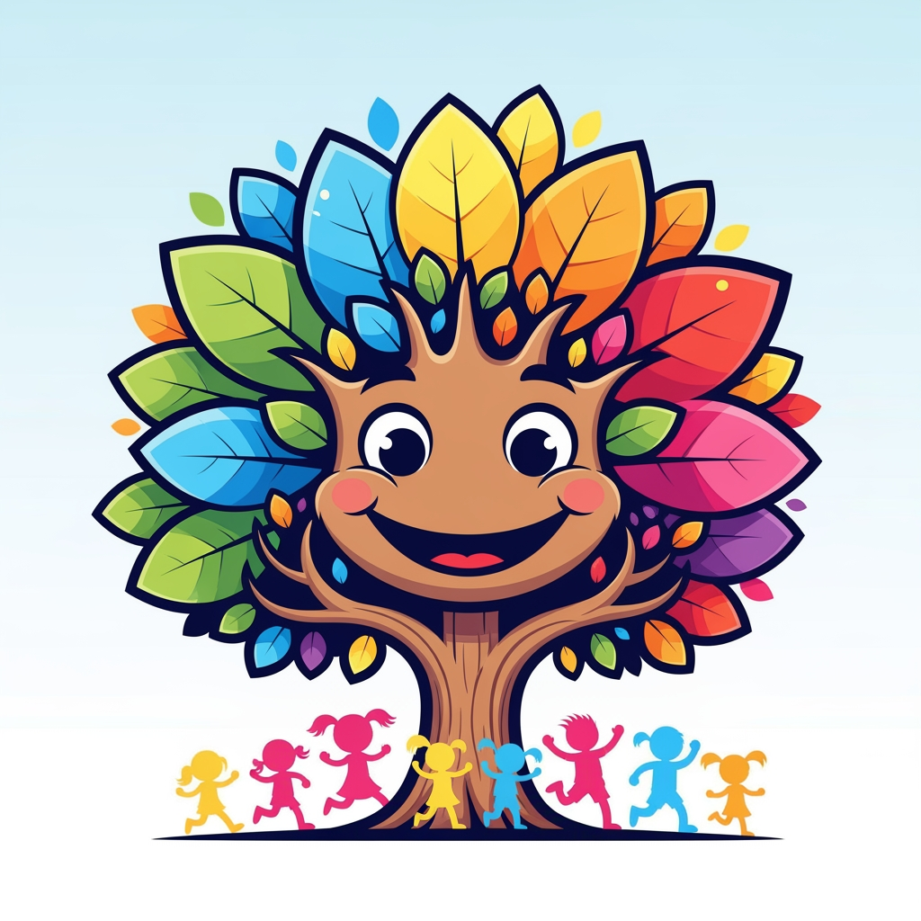 AI Design for create a hogo of a tree smiling colourful and kids should attract