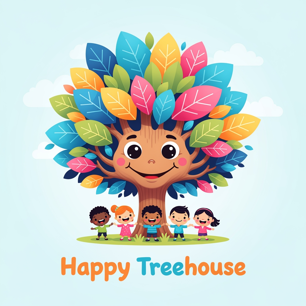 AI Design for create a hogo of a tree smiling colourful and kids should attract