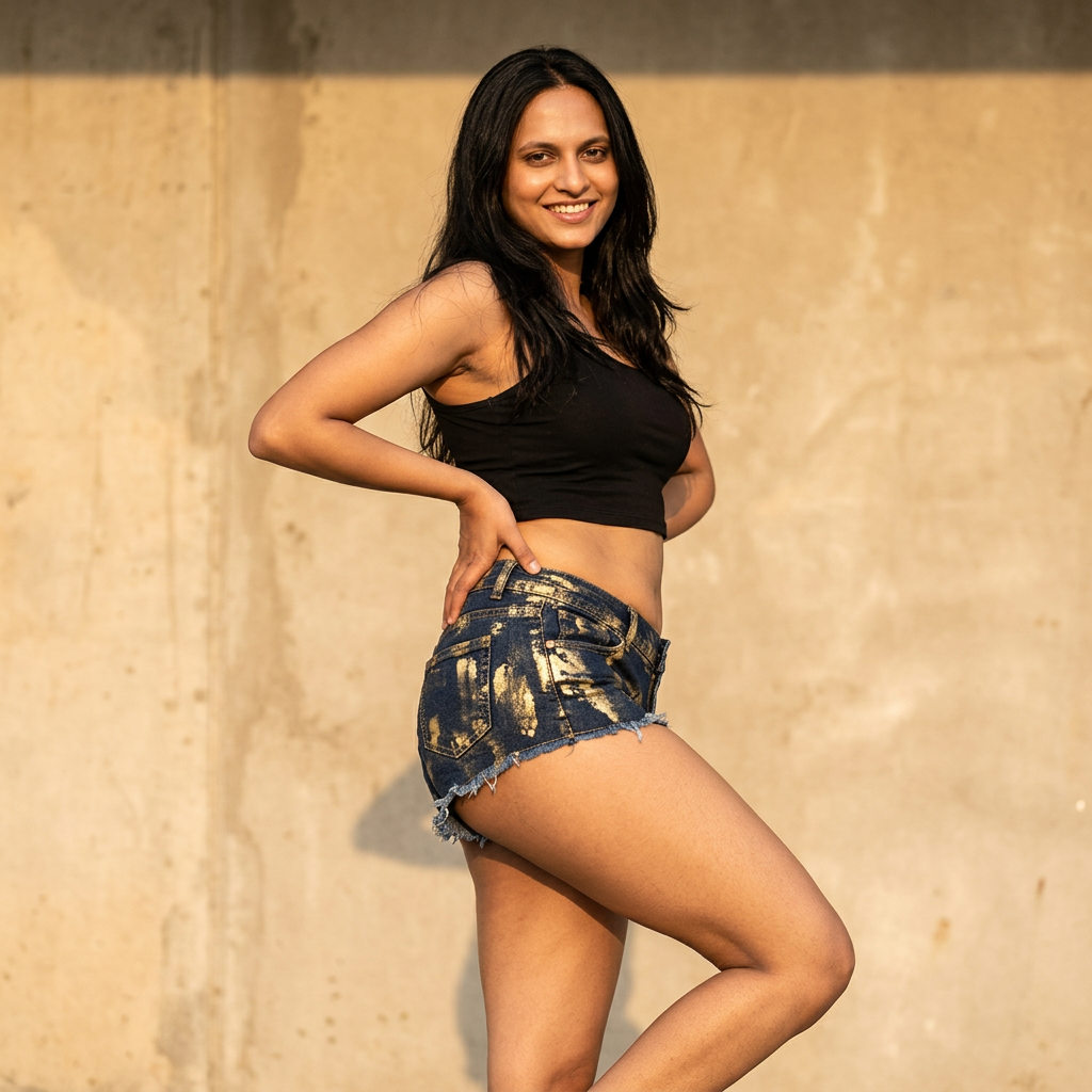 AI Design for a girl in a a top posing like a model, use the jeans uploaded.