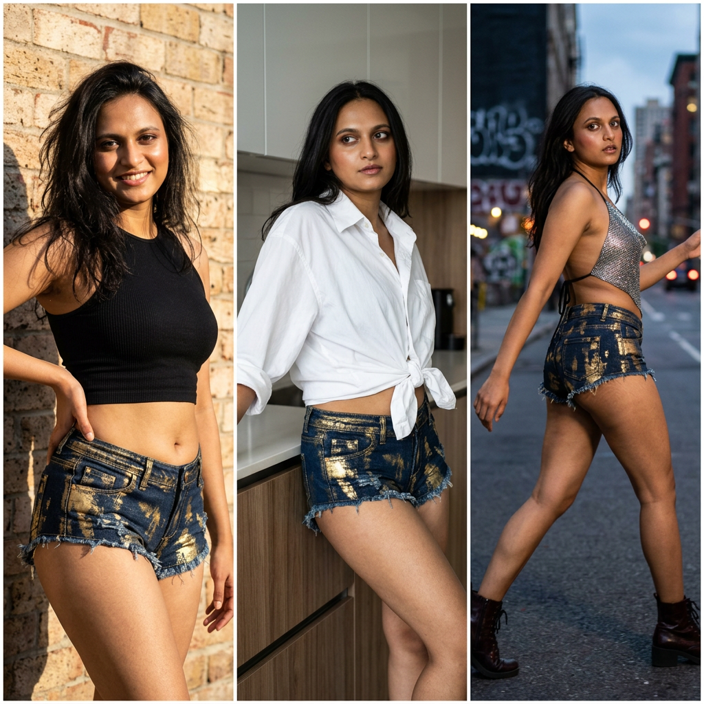 AI Design for a girl in a a top posing like a model, use the jeans uploaded. make at least 3 different pictures
