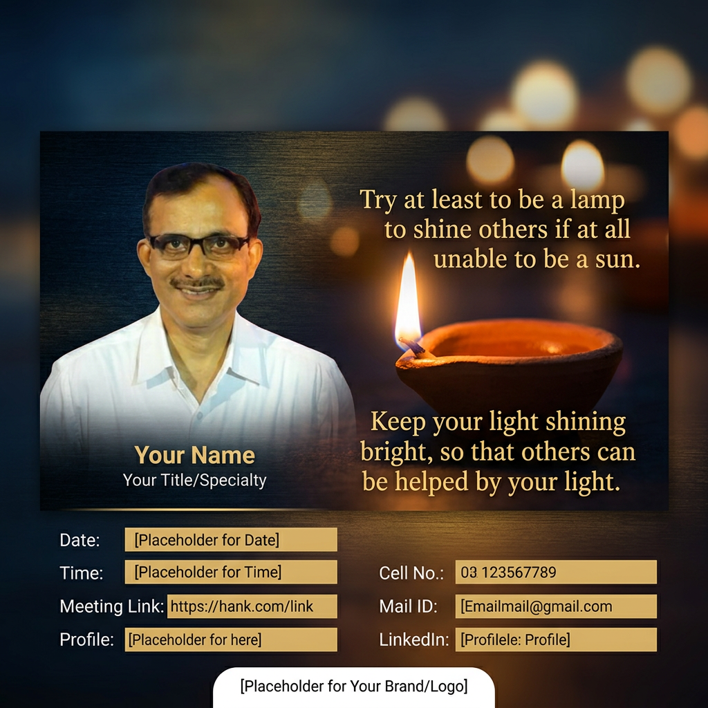 AI Design for Make my own branding flier or postcard to use it for every session to send invitation along with the meeting link. Use every saying as under, realistically with a real image e.g. here as i have attached image of lamp. Also keep space for Date, Meeting link, Timing, My cell no., Mail ID and Linkedin ID. My saying /phrases 
"Try at least to be a lamp to shine others if at all unable to be a sun."
"Keep your light shining bright, so that others can be helped by "

Use this two phrases or use your own