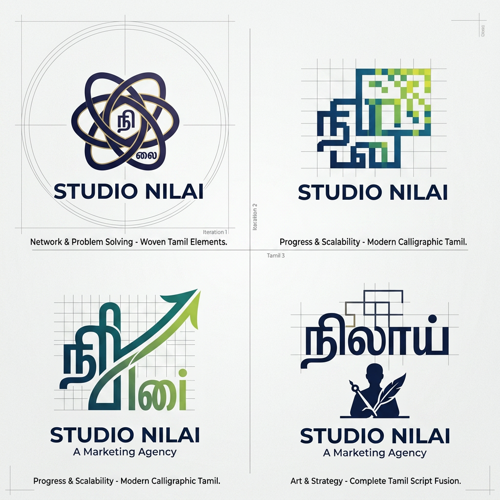 AI Design for I NEED LOGO ITERATIONS FOR STUDIO NILAI A MARKETING AGENCY WHICH AIMS TO SOLVE BRANDING ISSUES AND PROVIDE SOCIAL MEDIA AND DESIGN HELP TO ALL SORTS OF BRANDS MORE CREATIVE tamil letters