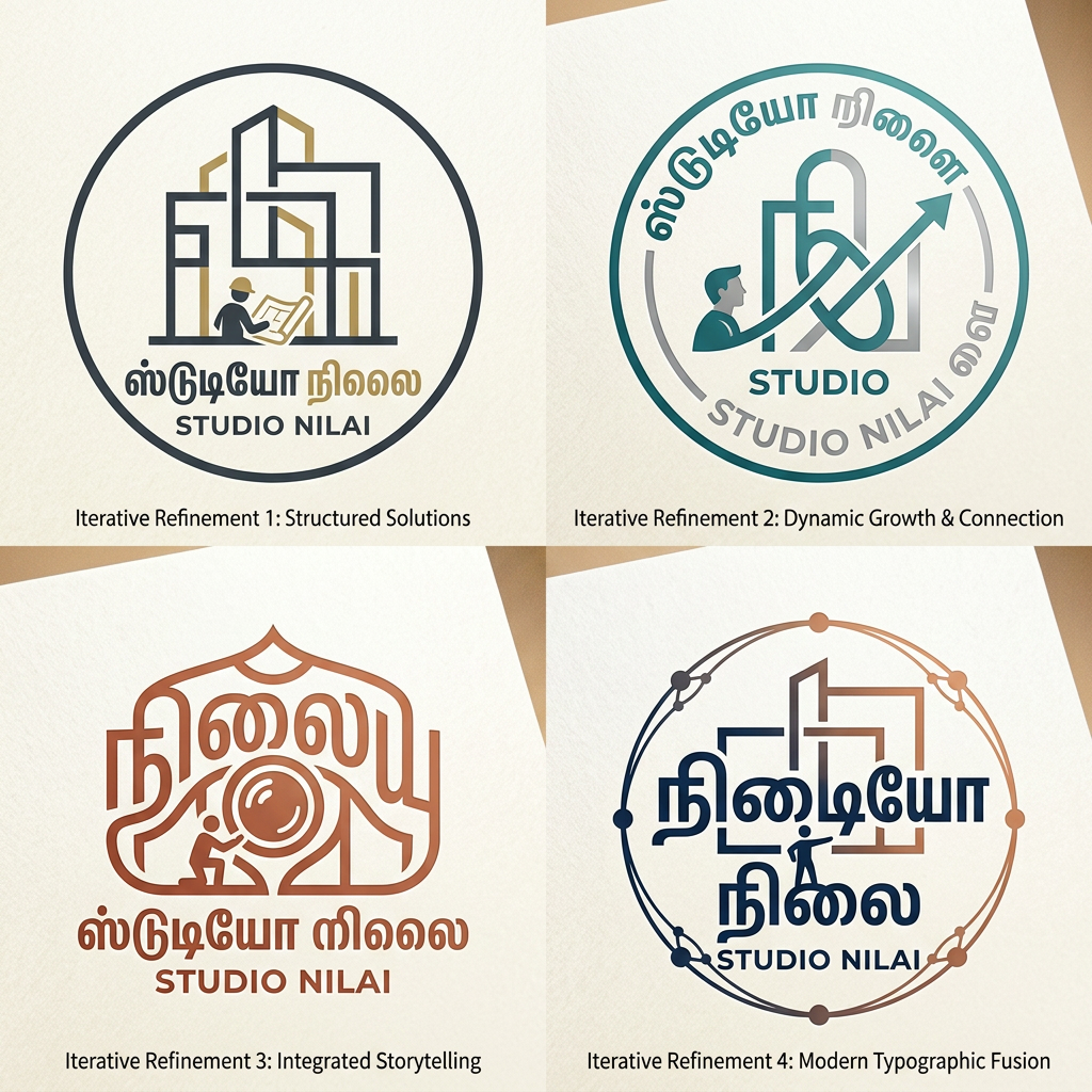 AI Design for I NEED LOGO ITERATIONS FOR STUDIO NILAI A MARKETING AGENCY WHICH AIMS TO SOLVE BRANDING ISSUES AND PROVIDE SOCIAL MEDIA AND DESIGN HELP TO ALL SORTS OF BRANDS MORE CREATIVE tamil letters