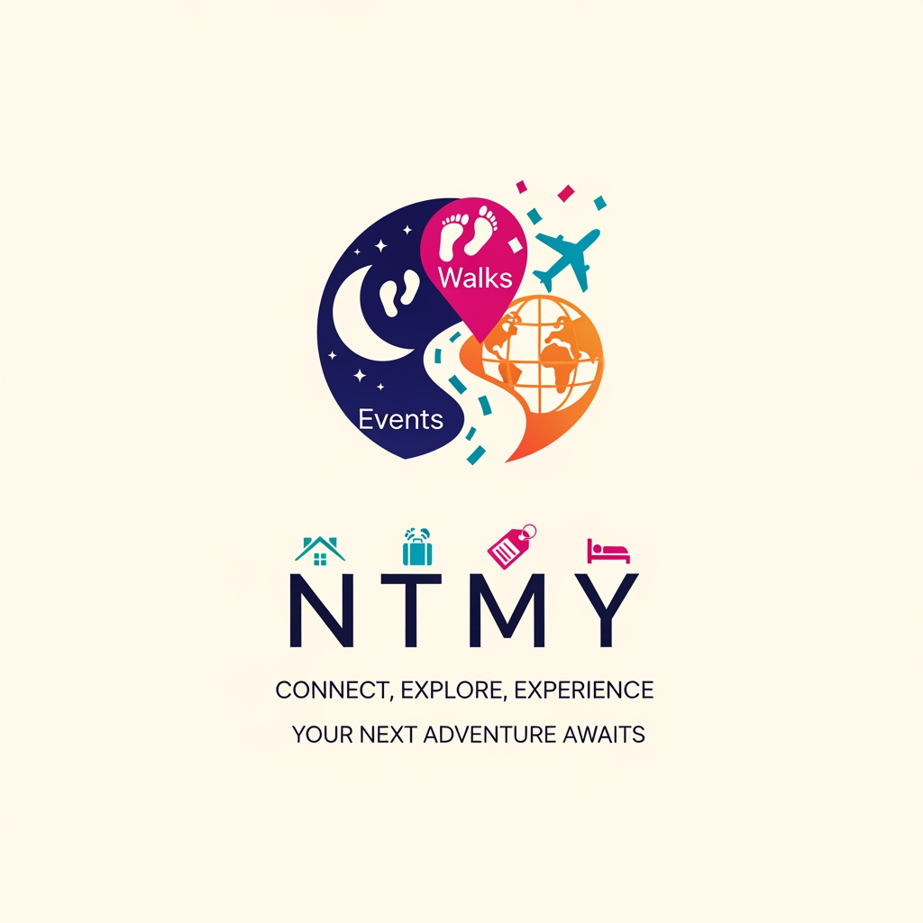 AI Design for un logo pour mon application de rencontres ayant pour but de soirée promenades voyages et evenemments, mon app s'appelle NTMY collabore avec les hotels, les agences de voyage et les agences immobiliers