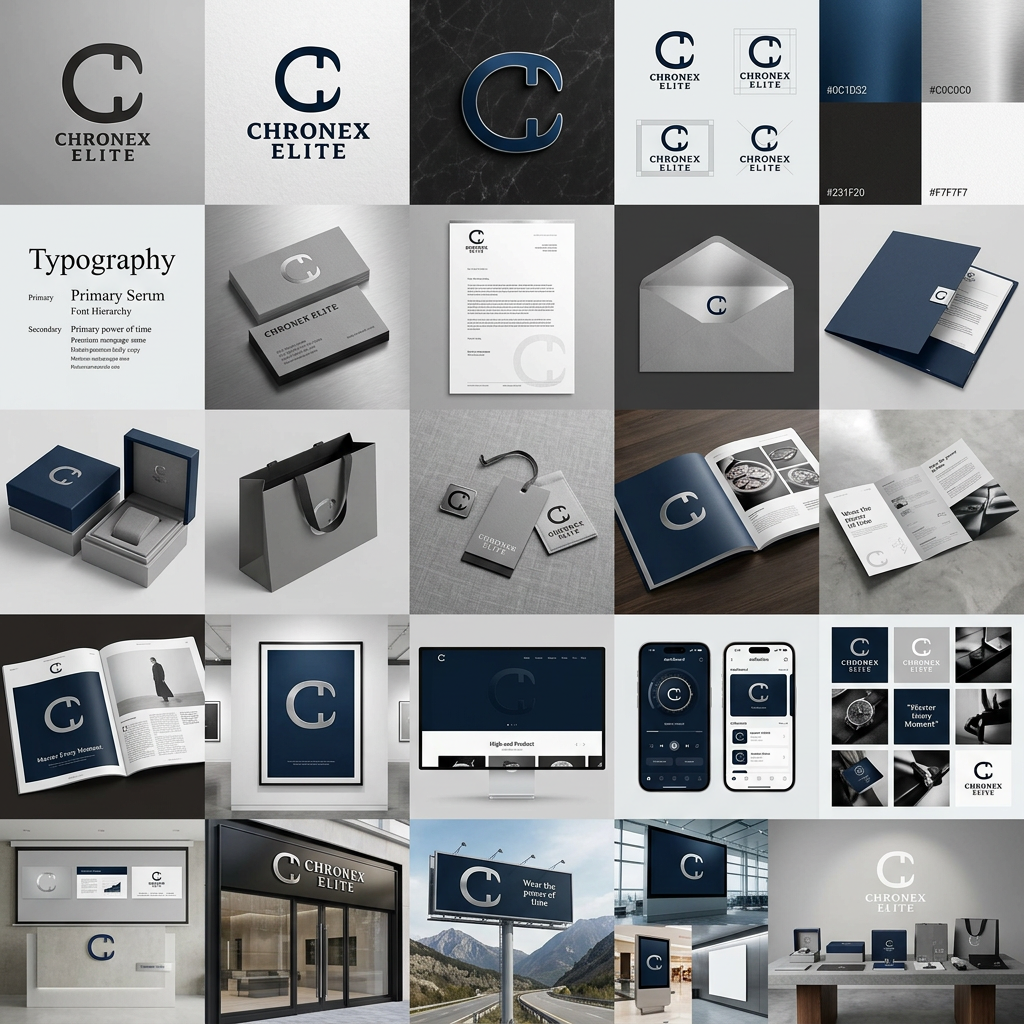 AI Design for Create a complete 25-image Premium Brand Identity & Branding Kit for "[Chronex Elite]", a *[Watch luxury Brand ]*.
The brand should reflect a minimal luxury, modern, sophisticated, and premium aesthetic, emphasizing trust, innovation, elegance, exclusivity, professionalism, and timeless quality.
### Official Brand Color Palette
Use the following colors consistently across all branding materials:
* Deep Navy Blue — #0C1D32
* Premium Silver Grey — #C0C0C0
* Rich Charcoal Black — #231F20
* Luxury White — #F7F7F7
Apply these colors strategically throughout the entire identity system, maintaining a premium and cohesive visual experience.
---
## Brand Identity System
Design a complete and cohesive brand identity including:
1. Primary Logo Design
2. Secondary Logo Variation
3. Luxury Monogram/Icon Version
4. Logo Usage Guidelines
5. Brand Color Palette Presentation
6. Typography System & Font Hierarchy
---
## Stationery & Corporate Identity
7. Premium Business Card Mockup
8. Corporate Letterhead Design
9. Luxury Envelope Design
10. Corporate Folder & Document Kit
---
## Packaging & Print Design
11. Luxury Product Packaging Design
12. Premium Shopping / Carry Bag Design
13. Product Labels & Hang Tags
14. Product Catalogue Design
15. Premium Brochure Design
16. Editorial Magazine Cover & Inside Spread
17. High-End Promotional Poster Design
---
## Digital Presence
18. Premium Website Homepage UI Mockup
19. Mobile Application UI Design
20. Social Media Branding Collection
21. Professional Presentation Slide Deck
---
## Realistic Brand Applications
22. Office Interior Wall Branding
23. Premium Storefront Signage Mockup
---
## Outdoor & Large-Scale Advertising
24. Large-Scale Advertising Collection including:
* Highway Billboard
* Roadside Wall Branding
* Airport Digital Display
* Luxury Shopping Mall Display
* Metro Station Branding
* City Billboard (New York, London, Dubai Style)
* Times Square Style LED Screen
---
## Brand Showcase
25. Complete Brand Identity Showcase featuring all assets together in a premium presentation scene.
---
## Promotional Messaging
Naturally integrate the following taglines throughout selected mockups:
"[Wear the power of time]"
"[Master Every Moment]"
---
## Art Direction
* Ultra-Premium Luxury Branding Style
* Minimal and Elegant Design Language
* Clean Grid-Based Layouts
* Strong Visual Hierarchy
* Modern Luxury Aesthetic
* Sophisticated Composition
* Premium Materials and Finishes
* Metallic Details and Embossed Effects
* Refined Spacing and Alignment
* High-End Commercial Advertising Look
* Sharp Professional Typography
* Clean Backgrounds
* No Visual Clutter
---
## Lighting & Rendering
* Soft Studio Lighting
* Premium Product Photography Style
* Realistic Shadows
* Accurate Reflections
* Luxury Material Rendering
* Cinematic Commercial Quality
* Ultra-Realistic Mockups
* Highly Detailed Textures
---
## Included Mockup Materials
Feature realistic applications on:
* Product Boxes
* Premium Packaging
* Carry Bags
* Shopping Bags
* Business Cards
* Letterheads
* Envelopes
* Corporate Folders
* Product Tags
* Product Labels
* Posters
* Magazines
* Catalogues
* Brochures
* Presentation Slides
* Website UI
* Mobile UI
* Office Branding
* Storefront Branding
* Billboards
* Airport Screens
* Times Square Displays
* Metro Branding
* Outdoor Advertising Panels
* Luxury Brand Showcase Displays
---
## Technical Specifications
* Generate 25 Images Separately
* 4K Ultra HD Quality
* 1920×1080 Landscape Format
* Photorealistic Rendering
* Premium Commercial Mockups
* No People
* No Watermarks
* Ultra Sharp Details
---
## Consistency Requirements
Maintain identical:
* Brand Colors (#0C1D32, #C0C0C0, #231F20, #F7F7F7)
* Typography System
* Logo Style
* Visual Hierarchy
* Lighting Setup
* Material Finishes
* Layout Structure
* Design Language
* Color Grading
* Luxury Aesthetic
Maintain identical lighting, color grading, typography, branding elements, and layout style across all 25 images to create a unified world-class premium brand identity presentation