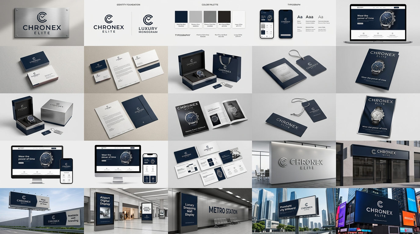 AI Design for Create a complete 25-image Premium Brand Identity & Branding Kit for "[Chronex Elite]", a *[Watch luxury Brand ]*.
The brand should reflect a minimal luxury, modern, sophisticated, and premium aesthetic, emphasizing trust, innovation, elegance, exclusivity, professionalism, and timeless quality.
### Official Brand Color Palette
Use the following colors consistently across all branding materials:
* Deep Navy Blue — #0C1D32
* Premium Silver Grey — #C0C0C0
* Rich Charcoal Black — #231F20
* Luxury White — #F7F7F7
Apply these colors strategically throughout the entire identity system, maintaining a premium and cohesive visual experience.
---
## Brand Identity System
Design a complete and cohesive brand identity including:
1. Primary Logo Design
2. Secondary Logo Variation
3. Luxury Monogram/Icon Version
4. Logo Usage Guidelines
5. Brand Color Palette Presentation
6. Typography System & Font Hierarchy
---
## Stationery & Corporate Identity
7. Premium Business Card Mockup
8. Corporate Letterhead Design
9. Luxury Envelope Design
10. Corporate Folder & Document Kit
---
## Packaging & Print Design
11. Luxury Product Packaging Design
12. Premium Shopping / Carry Bag Design
13. Product Labels & Hang Tags
14. Product Catalogue Design
15. Premium Brochure Design
16. Editorial Magazine Cover & Inside Spread
17. High-End Promotional Poster Design
---
## Digital Presence
18. Premium Website Homepage UI Mockup
19. Mobile Application UI Design
20. Social Media Branding Collection
21. Professional Presentation Slide Deck
---
## Realistic Brand Applications
22. Office Interior Wall Branding
23. Premium Storefront Signage Mockup
---
## Outdoor & Large-Scale Advertising
24. Large-Scale Advertising Collection including:
* Highway Billboard
* Roadside Wall Branding
* Airport Digital Display
* Luxury Shopping Mall Display
* Metro Station Branding
* City Billboard (New York, London, Dubai Style)
* Times Square Style LED Screen
---
## Brand Showcase
25. Complete Brand Identity Showcase featuring all assets together in a premium presentation scene.
---
## Promotional Messaging
Naturally integrate the following taglines throughout selected mockups:
"[Wear the power of time]"
"[Master Every Moment]"
---
## Art Direction
* Ultra-Premium Luxury Branding Style
* Minimal and Elegant Design Language
* Clean Grid-Based Layouts
* Strong Visual Hierarchy
* Modern Luxury Aesthetic
* Sophisticated Composition
* Premium Materials and Finishes
* Metallic Details and Embossed Effects
* Refined Spacing and Alignment
* High-End Commercial Advertising Look
* Sharp Professional Typography
* Clean Backgrounds
* No Visual Clutter
---
## Lighting & Rendering
* Soft Studio Lighting
* Premium Product Photography Style
* Realistic Shadows
* Accurate Reflections
* Luxury Material Rendering
* Cinematic Commercial Quality
* Ultra-Realistic Mockups
* Highly Detailed Textures
---
## Included Mockup Materials
Feature realistic applications on:
* Product Boxes
* Premium Packaging
* Carry Bags
* Shopping Bags
* Business Cards
* Letterheads
* Envelopes
* Corporate Folders
* Product Tags
* Product Labels
* Posters
* Magazines
* Catalogues
* Brochures
* Presentation Slides
* Website UI
* Mobile UI
* Office Branding
* Storefront Branding
* Billboards
* Airport Screens
* Times Square Displays
* Metro Branding
* Outdoor Advertising Panels
* Luxury Brand Showcase Displays
---
## Technical Specifications
* Generate 25 Images Separately
* 4K Ultra HD Quality
* 1920×1080 Landscape Format
* Photorealistic Rendering
* Premium Commercial Mockups
* No People
* No Watermarks
* Ultra Sharp Details
---
## Consistency Requirements
Maintain identical:
* Brand Colors (#0C1D32, #C0C0C0, #231F20, #F7F7F7)
* Typography System
* Logo Style
* Visual Hierarchy
* Lighting Setup
* Material Finishes
* Layout Structure
* Design Language
* Color Grading
* Luxury Aesthetic
Maintain identical lighting, color grading, typography, branding elements, and layout style across all 25 images to create a unified world-class premium brand identity presentation