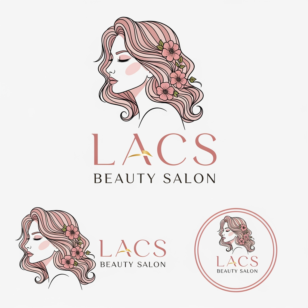 AI Design for give me logo for lacs beauty salon give me variation image and the logo has to be women side face and wavy hair with pink flowers and the typography has to be stylish and luxury