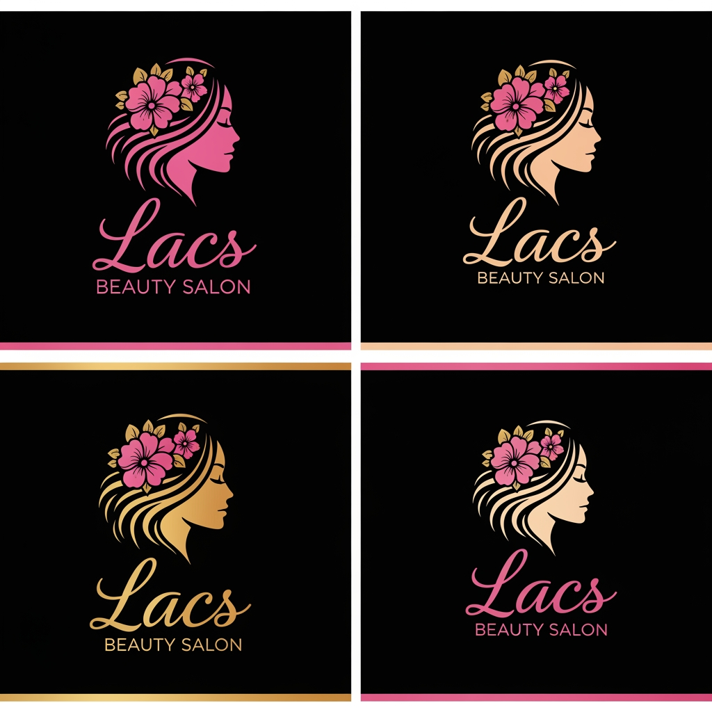 AI Design for give me logo for lacs beauty salon give me variation image and the logo has to be women side face and wavy hair with pink flowers and the typography has to be stylish and luxury