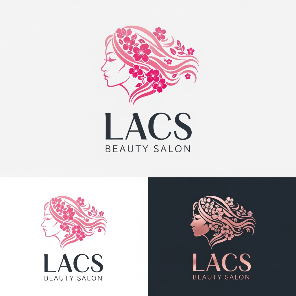 AI Design for give me logo for lacs beauty salon give me variation image and the logo has to be women side face and wavy hair with pink flowers