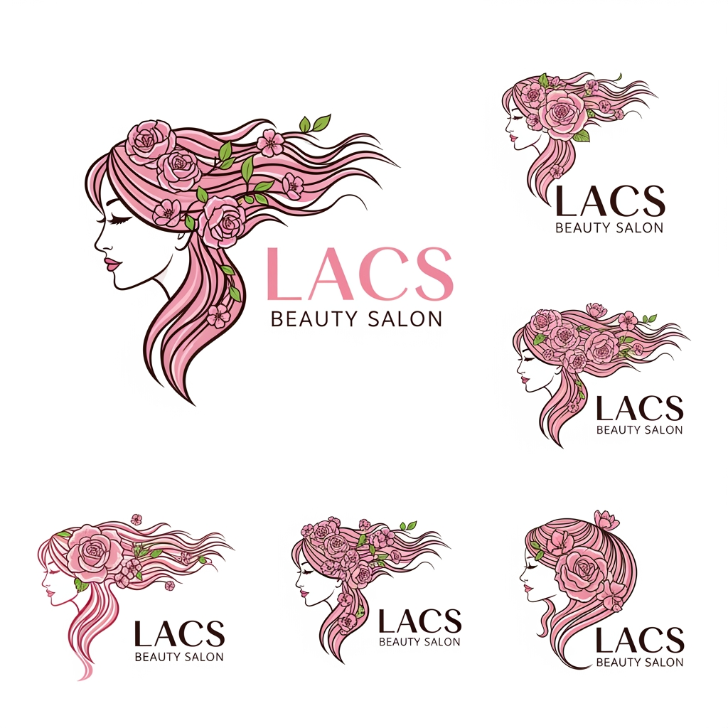 AI Design for give me logo for lacs beauty salon give me variation image and the logo has to be women side face and wavy hair with pink flowers