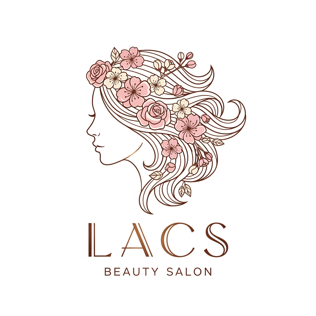 AI Design for give me logo for lacs beauty salon give me variation image and the logo has to be women side face and wavy hair with pink flowers and the typography has to be stylish and luxury logo has to minimalist and attractive