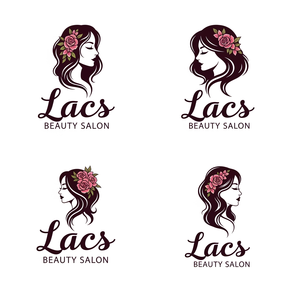 AI Design for give me logo for lacs beauty salon give me variation image and the logo has to be women side face and wavy hair with pink flowers and the typography has to be stylish and luxury