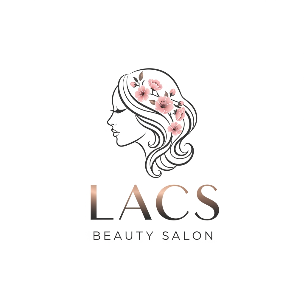 AI Design for give me logo for lacs beauty salon give me variation image and the logo has to be women side face and wavy hair with pink flowers and the typography has to be stylish and luxury logo has to minimalist and attractive