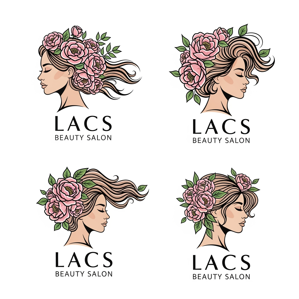 AI Design for give me logo for lacs beauty salon give me variation image and the logo has to be women side face and wavy hair with pink flowers
