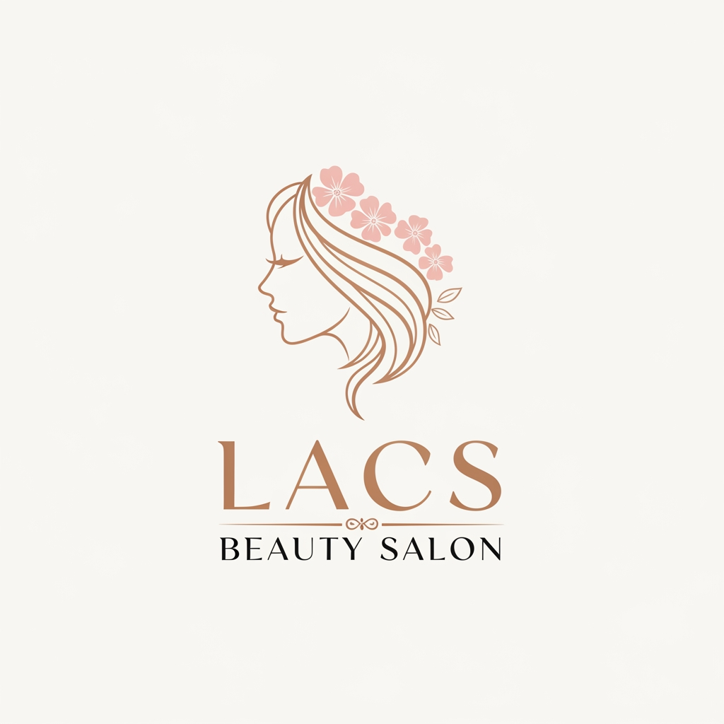 AI Design for give me logo for lacs beauty salon give me variation image and the logo has to be women side face and wavy hair with pink flowers and the typography has to be stylish and luxury logo has to minimalist and attractive