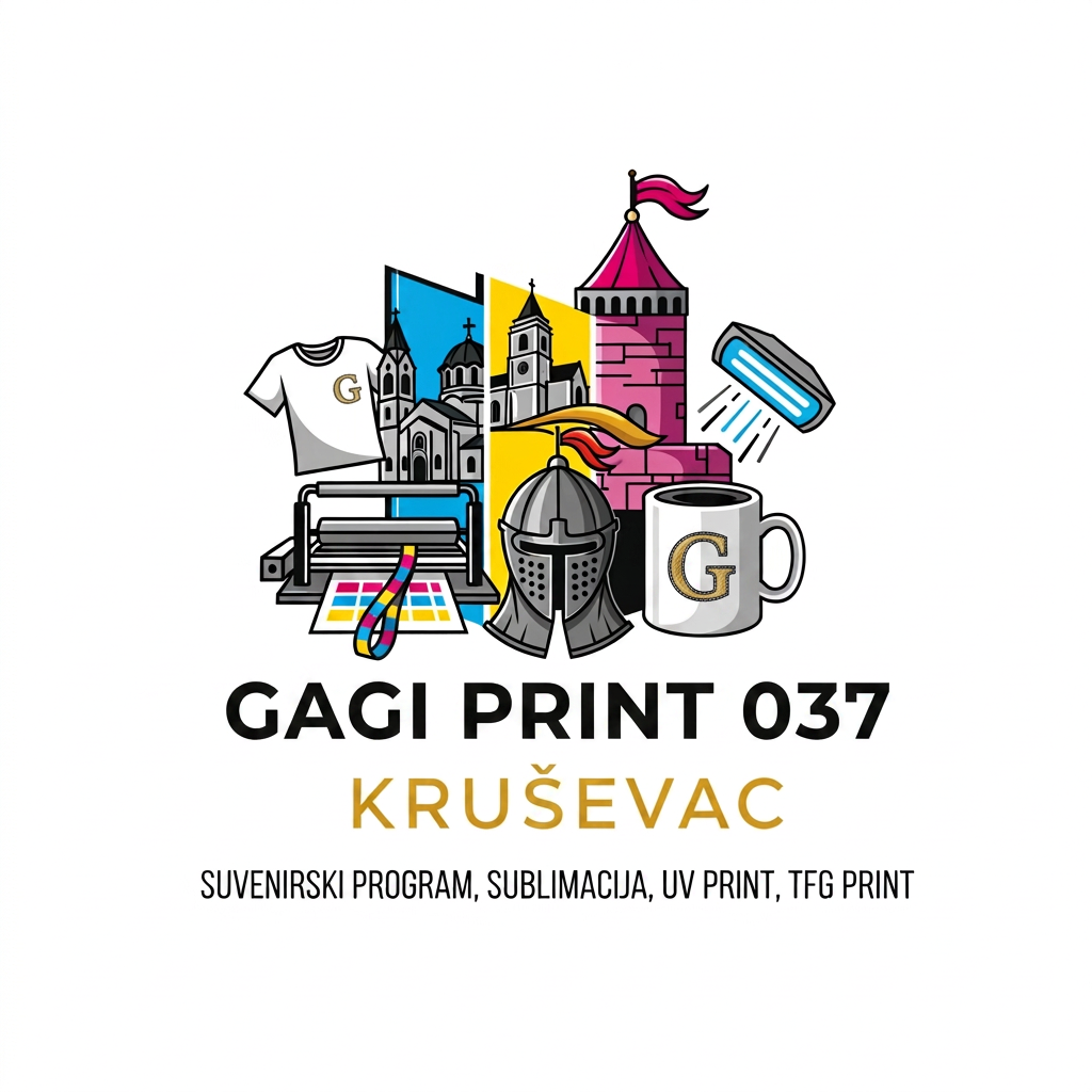 AI Design for Štamparija u Kruševcu za suvenirski program, sublimacija, UV print, TFG print. Možeš li da smisliš logo u vektoru za ovaj biznis ? Umesto Kruževac treba da piše Kruševac. ;ožeš li da ga napraviš u EPS ili Corel ili SVG formatu ? Umesto Štamparija da piše Gagi Print 037. Gagi Print 037, nisi stavio slovo i. Ne prnt nego print.Odlično, ali mi treba u SVG,ili EPS ili Corel formatu