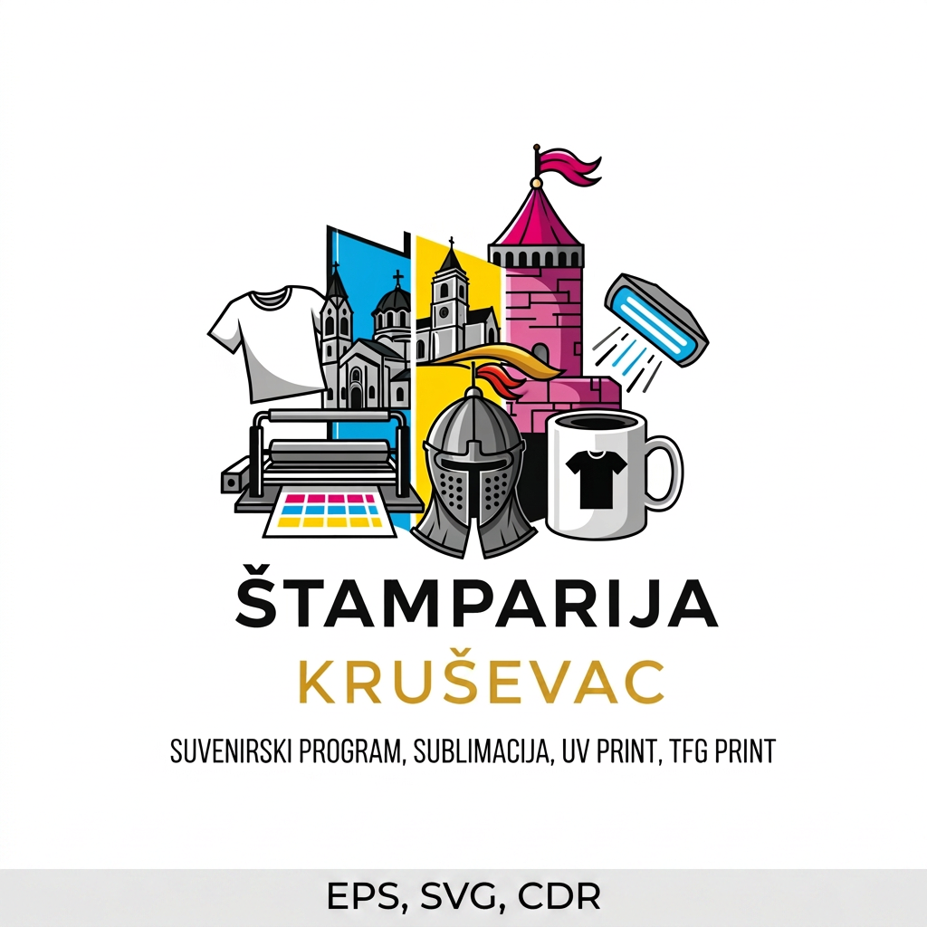 AI Design for Štamparija u Kruševcu za suvenirski program, sublimacija, UV print, TFG print. Možeš li da smisliš logo u vektoru za ovaj biznis ? Umesto Kruževac treba da piše Kruševac. ;ožeš li da ga napraviš u EPS ili Corel ili SVG formatu ?