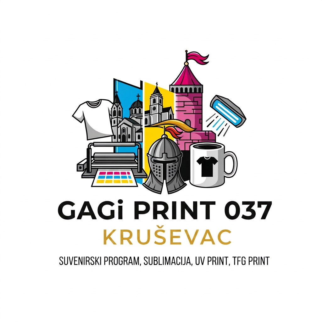 AI Design for Štamparija u Kruševcu za suvenirski program, sublimacija, UV print, TFG print. Možeš li da smisliš logo u vektoru za ovaj biznis ? Umesto Kruževac treba da piše Kruševac. ;ožeš li da ga napraviš u EPS ili Corel ili SVG formatu ? Umesto Štamparija da piše Gagi Print 037. Gagi Print 037, nisi stavio slovo i. Ne prnt nego print.Odlično, ali mi treba u SVG,ili EPS ili Corel formatu