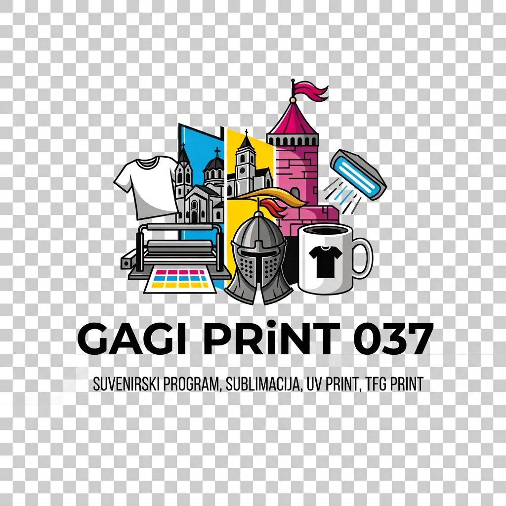 AI Design for Štamparija u Kruševcu za suvenirski program, sublimacija, UV print, TFG print. Možeš li da smisliš logo u vektoru za ovaj biznis ? Umesto Kruževac treba da piše Kruševac. ;ožeš li da ga napraviš u EPS ili Corel ili SVG formatu ? Umesto Štamparija da piše Gagi Print 037. Gagi Print 037, nisi stavio slovo i. Ne prnt nego print.Odlično, ali mi treba u SVG,ili EPS ili Corel formatu.Bez bele pozadine u vektoru...