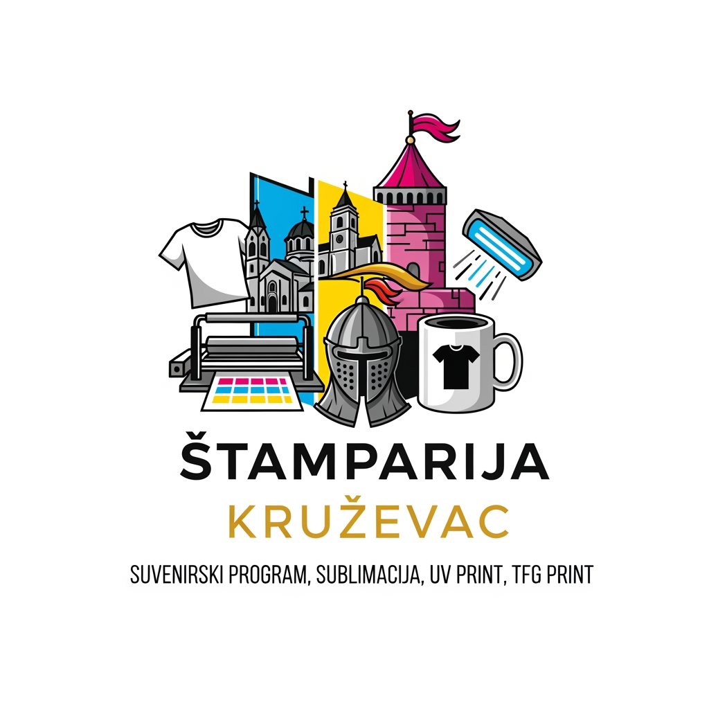 AI Design for Štamparija u Kruševcu za suvenirski program, sublimacija, UV print, TFG print. Možeš li da smisliš logo u vektoru za ovaj biznis ?