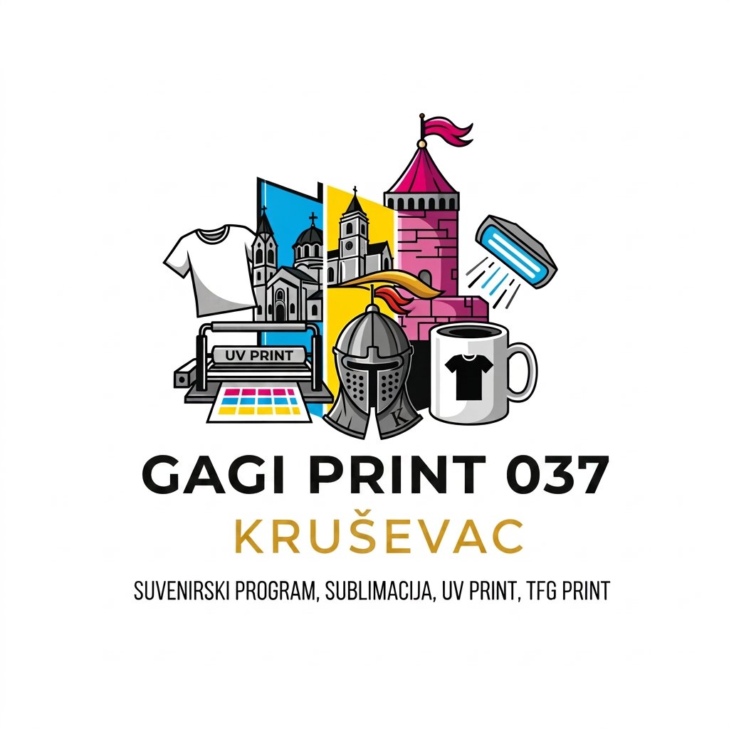 AI Design for Štamparija u Kruševcu za suvenirski program, sublimacija, UV print, TFG print. Možeš li da smisliš logo u vektoru za ovaj biznis ? Umesto Kruževac treba da piše Kruševac. ;ožeš li da ga napraviš u EPS ili Corel ili SVG formatu ? Umesto Štamparija da piše Gagi Print 037. Gagi Print 037, nisi stavio slovo i. Ne prnt nego print