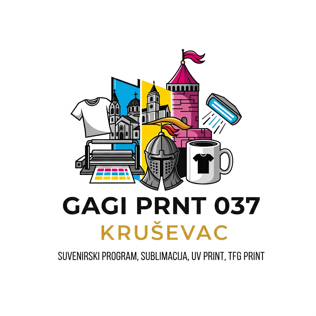 AI Design for Štamparija u Kruševcu za suvenirski program, sublimacija, UV print, TFG print. Možeš li da smisliš logo u vektoru za ovaj biznis ? Umesto Kruževac treba da piše Kruševac. ;ožeš li da ga napraviš u EPS ili Corel ili SVG formatu ? Umesto Štamparija da piše Gagi Print 037.