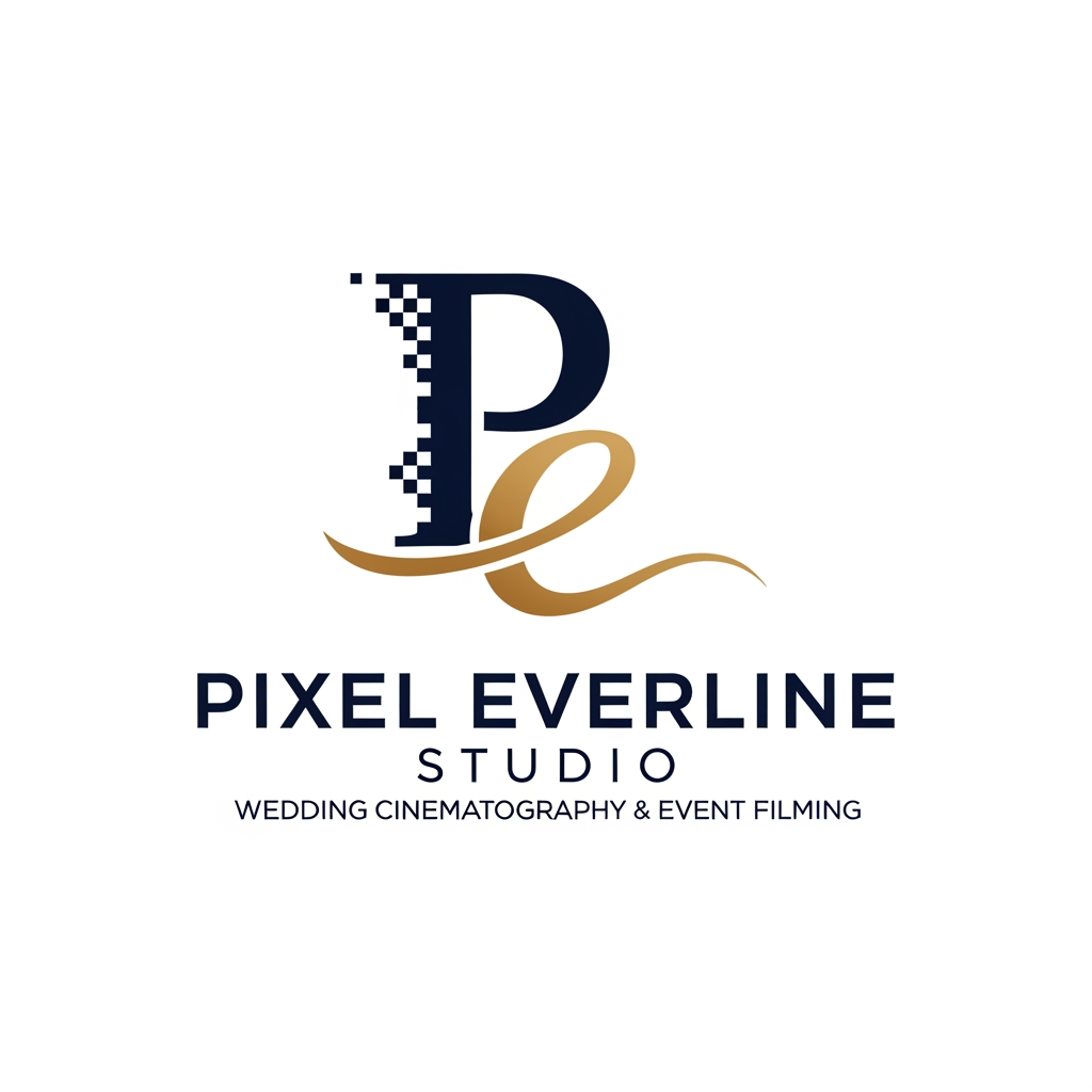 AI Design for my company name Pixel Everline Studio . i Do wedding cinematography , all types os events shoot. make logo using first charcater of name.