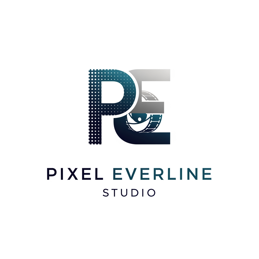 AI Design for my company name Pixel Everline Studio . i Do wedding cinematography , all types os events shoot. make logo using first charcater of name.
