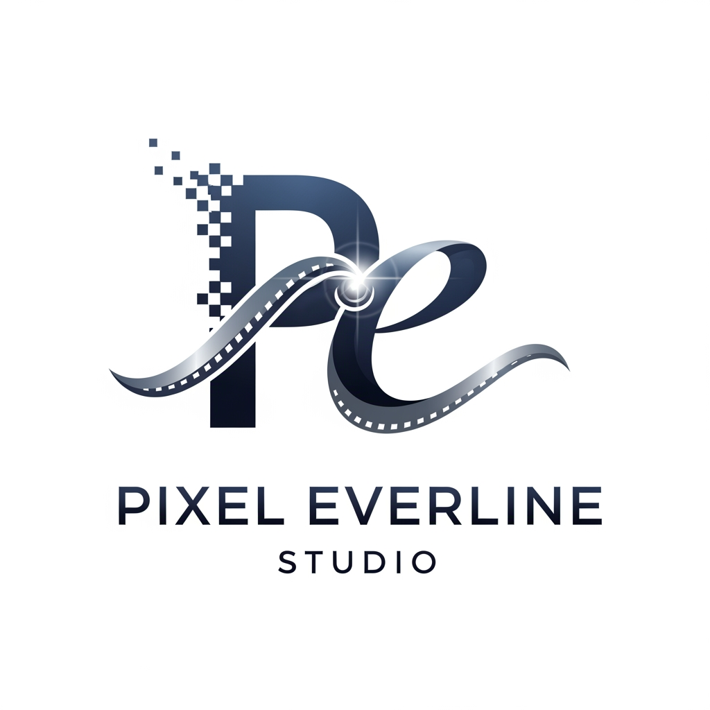 AI Design for my company name Pixel Everline Studio . i Do wedding cinematography , all types os events shoot. make logo using first charcater of name.