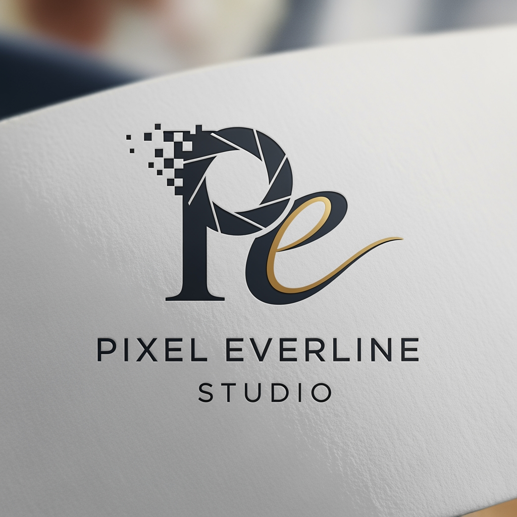 AI Design for my company name Pixel Everline Studio . i Do wedding cinematography , all types os events shoot. make logo using first charcater of name.