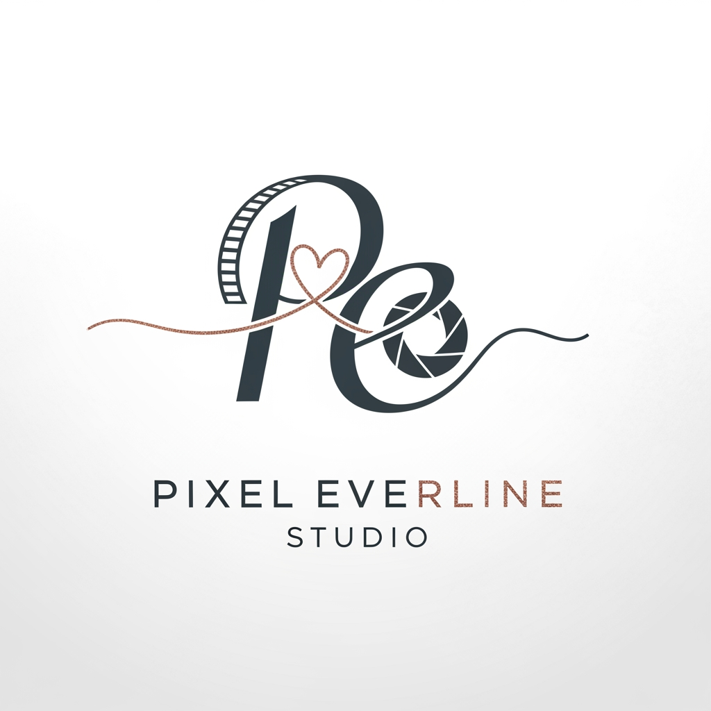 AI Design for my company name Pixel Everline Studio . i Do wedding cinematography , all types os events shoot. make logo using first charcater of name.
