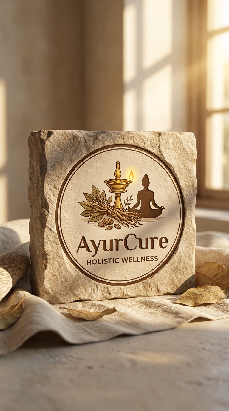 AI Design for Logo : A serene and minimalist visual identity for AyurCure, featuring ancient Ayurvedic elements like a brass oil lamp, dried medicinal herbs, and a silhouette of a person in a yoga pose. The scene is bathed in warm, soft morning sunlight with a rustic, organic texture palette of stone, linen, and earth tones to evoke a sense of timeless wellness and holistic healing.