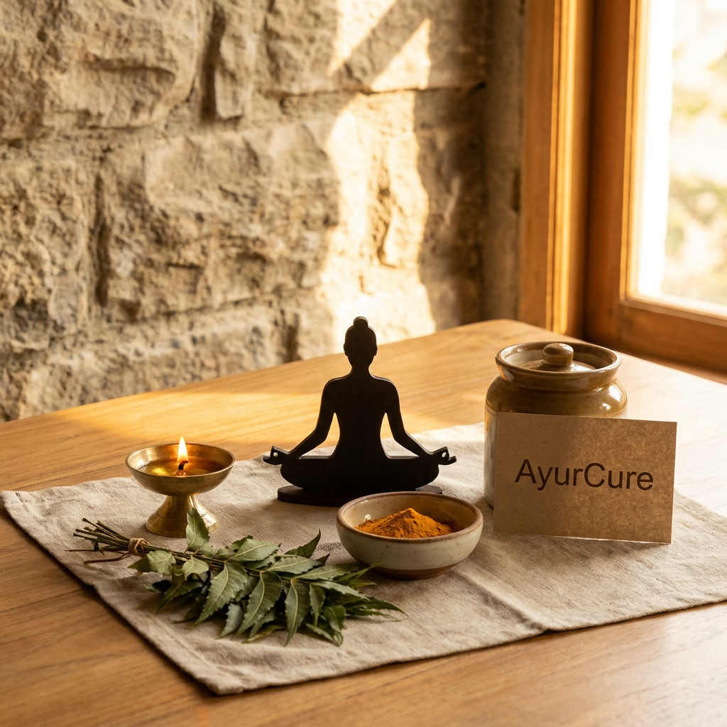 AI Design for A serene and minimalist visual identity for AyurCure, featuring ancient Ayurvedic elements like a brass oil lamp, dried medicinal herbs, and a silhouette of a person in a yoga pose. The scene is bathed in warm, soft morning sunlight with a rustic, organic texture palette of stone, linen, and earth tones to evoke a sense of timeless wellness and holistic healing.