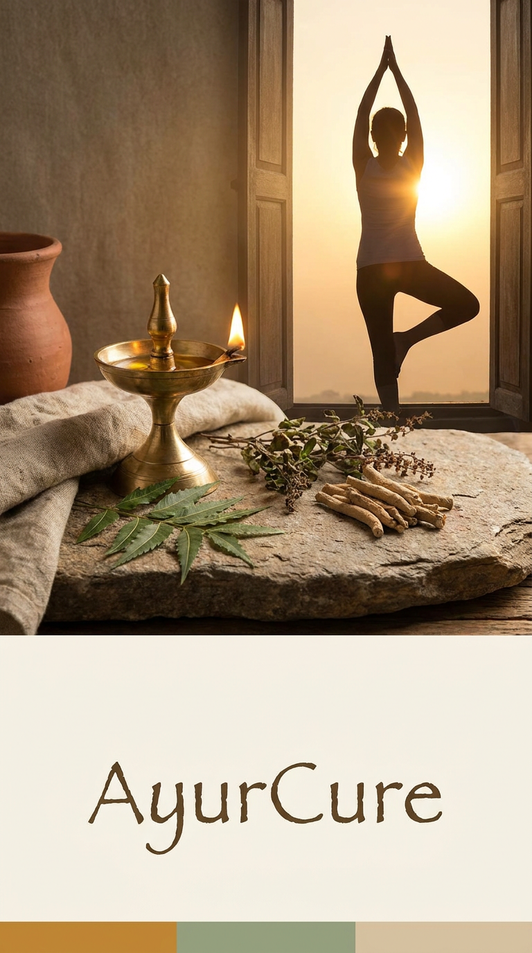 AI Design for A serene and minimalist visual identity for AyurCure, featuring ancient Ayurvedic elements like a brass oil lamp, dried medicinal herbs, and a silhouette of a person in a yoga pose. The scene is bathed in warm, soft morning sunlight with a rustic, organic texture palette of stone, linen, and earth tones to evoke a sense of timeless wellness and holistic healing.