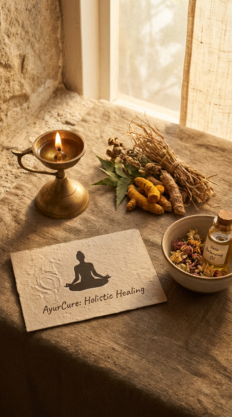 AI Design for A serene and minimalist visual identity for AyurCure, featuring ancient Ayurvedic elements like a brass oil lamp, dried medicinal herbs, and a silhouette of a person in a yoga pose. The scene is bathed in warm, soft morning sunlight with a rustic, organic texture palette of stone, linen, and earth tones to evoke a sense of timeless wellness and holistic healing.