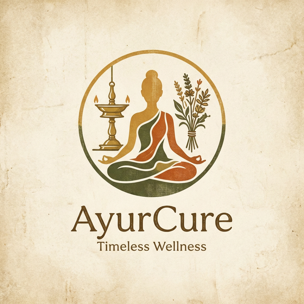 AI Design for Logo : A serene and minimalist visual identity for AyurCure, featuring ancient Ayurvedic elements like a brass oil lamp, dried medicinal herbs, and a silhouette of a person in a yoga pose. The scene is bathed in warm, soft morning sunlight with a rustic, organic texture palette of stone, linen, and earth tones to evoke a sense of timeless wellness and holistic healing.