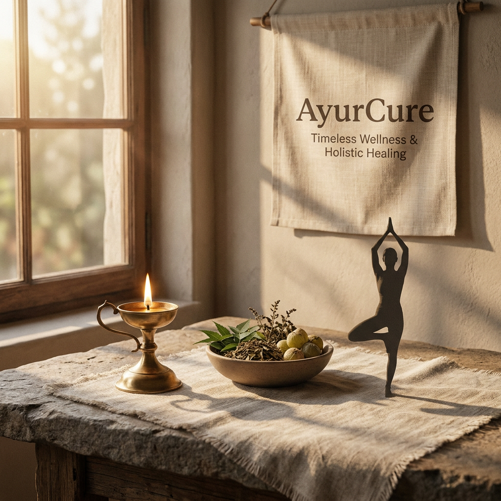 AI Design for A serene and minimalist visual identity for AyurCure, featuring ancient Ayurvedic elements like a brass oil lamp, dried medicinal herbs, and a silhouette of a person in a yoga pose. The scene is bathed in warm, soft morning sunlight with a rustic, organic texture palette of stone, linen, and earth tones to evoke a sense of timeless wellness and holistic healing.